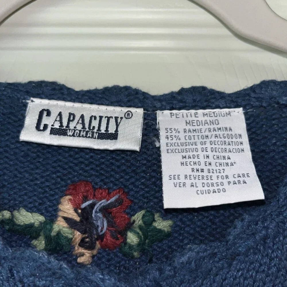 Capacity Woman Blue Embroidery Floral Rose Button Petite Medium Cardigan Sweater - Picture 3 of 15